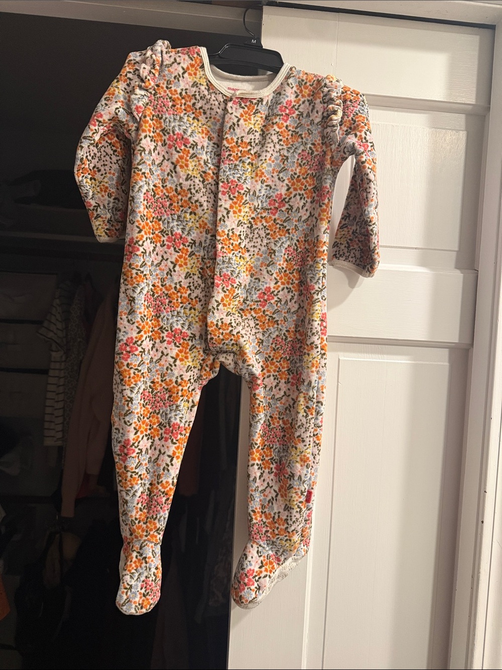 Magnetic Me Floral Footed One-Piece in White with Pink, Orange & Green